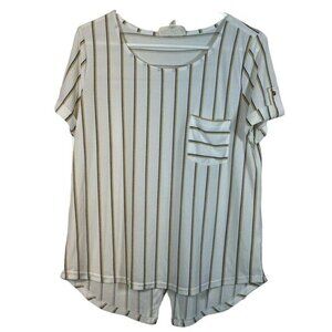 Sweet Wander White Stripe Pocket Blouse Short Sleeve Size Large EUC #1183-PHX